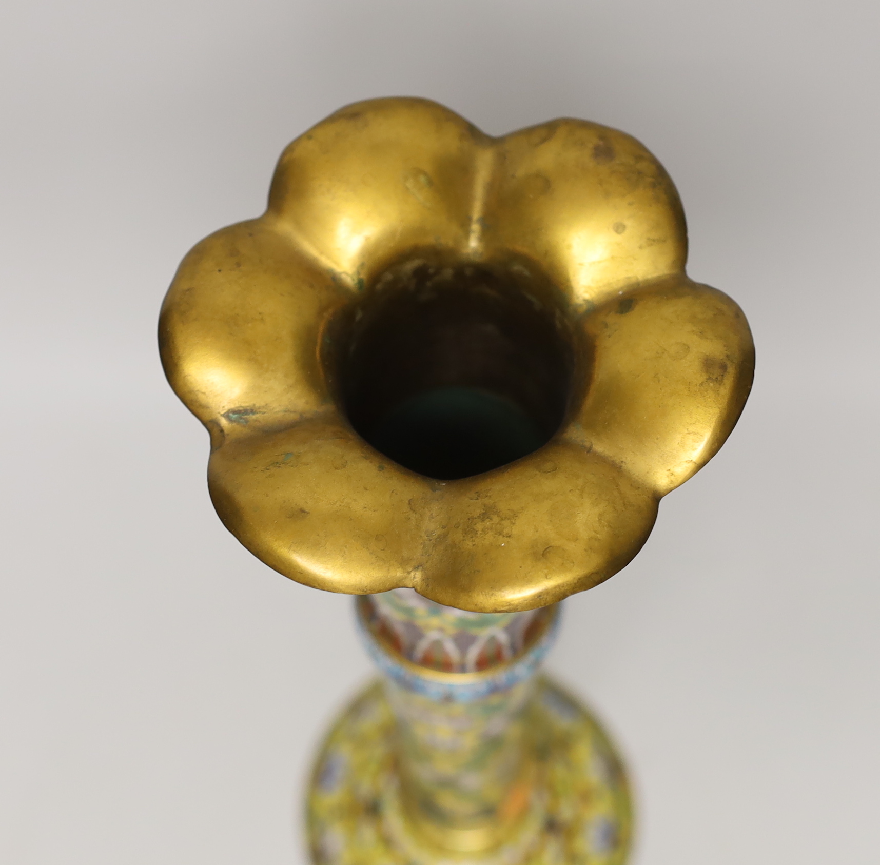 A Chinese yellow ground cloisonné enamel trumpet shaped vase , 35.5cm